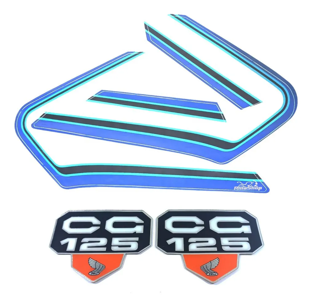 Kit Faixa Cg 125 82 Azul + Emblemas Adesivos Tampas Laterais Cg 125 77/82 Modelo Original